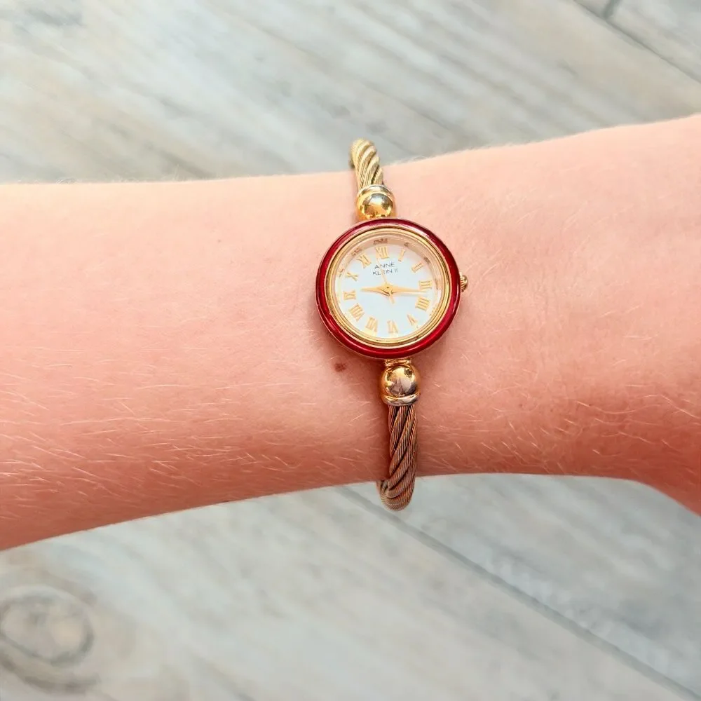 Vintage Anne Klein II Gold Tone Cable Bracelet Watch Red Bezel Roman Dainty